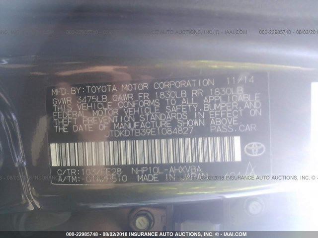 JTDKDTB39E1084827 - 2014 TOYOTA PRIUS C GRAY photo 9