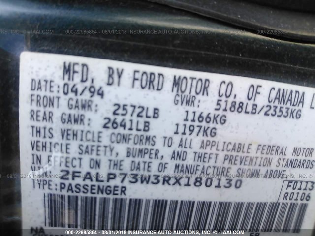 2FALP73W3RX180130 - 1994 FORD CROWN VICTORIA  GREEN photo 9