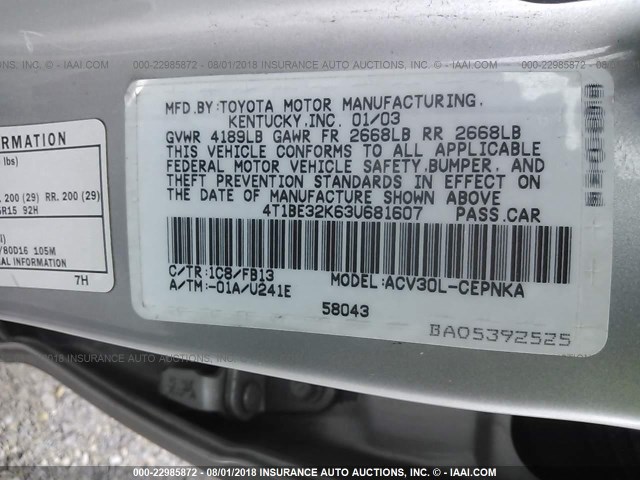 4T1BE32K63U681607 - 2003 TOYOTA CAMRY LE/XLE/SE 银色 照片 9