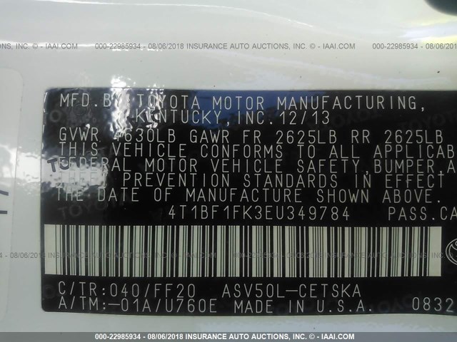 4T1BF1FK3EU349784 - 2014 TOYOTA CAMRY L/SE/LE/XLE თეთრი ფოტო 9