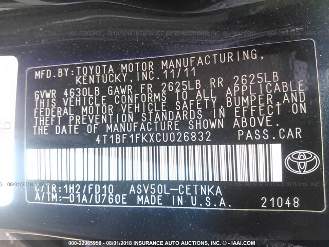 4T1BF1FKXCU026832 - 2012 TOYOTA CAMRY SE/LE/XLE შავი ფოტო 9