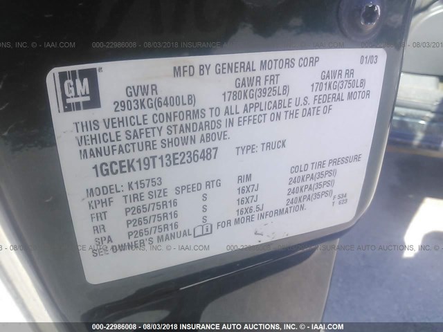 1GCEK19T13E236487 - 2003 CHEVROLET SILVERADO K1500 绿色 照片 9