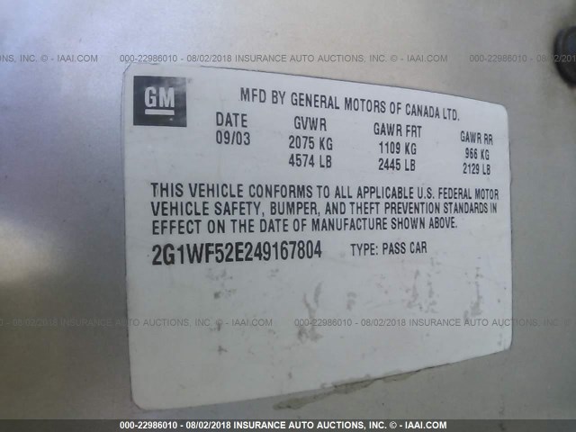 2G1WF52E249167804 - 2004 CHEVROLET IMPALA GRAY photo 9