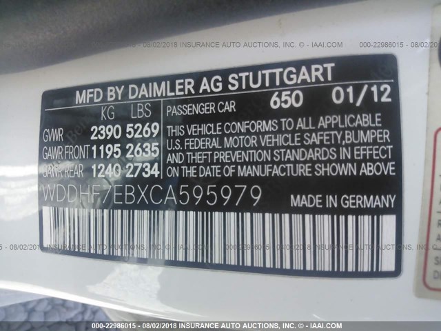 WDDHF7EBXCA595979 - 2012 MERCEDES-BENZ E 63 AMG WHITE photo 9