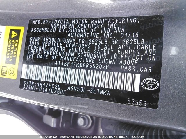 4T4BF1FK0GR552026 - 2016 TOYOTA CAMRY LE/XLE/SE/XSE GRAY photo 9