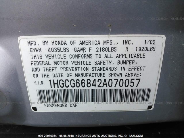 1HGCG66842A070057 - 2002 HONDA ACCORD EX/SE SILVER photo 9