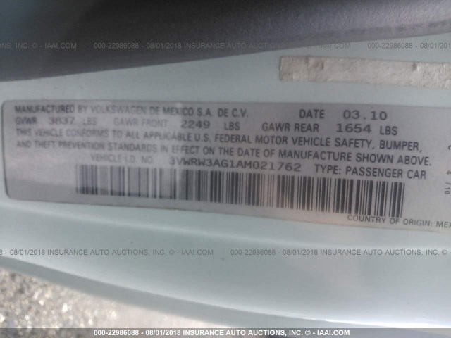 3VWRW3AG1AM021762 - 2010 VOLKSWAGEN NEW BEETLE 浅蓝色 照片 9