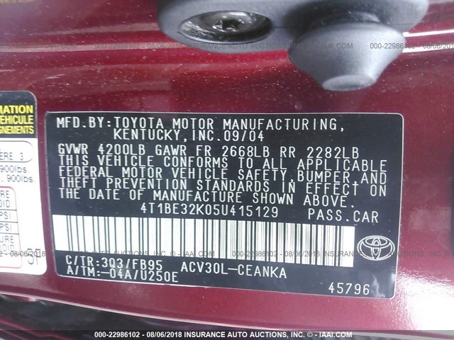 4T1BE32K05U415129 - 2005 TOYOTA CAMRY LE/XLE/SE Qırmızı foto 9