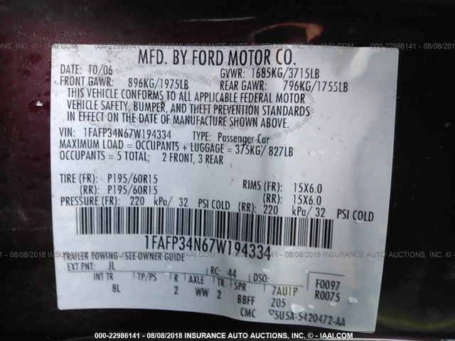 1FAFP34N67W194334 - 2007 FORD FOCUS ZX4/S/SE/SES წითელი ფოტო 9