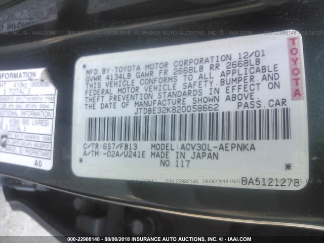 JTDBE32K820058662 - 2002 TOYOTA CAMRY LE/XLE/SE Yaşıl foto 9