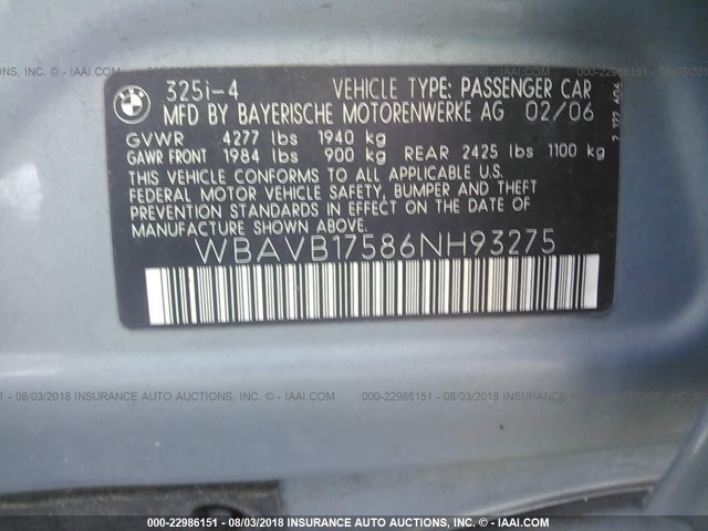 WBAVB17586NH93275 - 2006 BMW 325 I AUTOMATIC Mavi foto 9