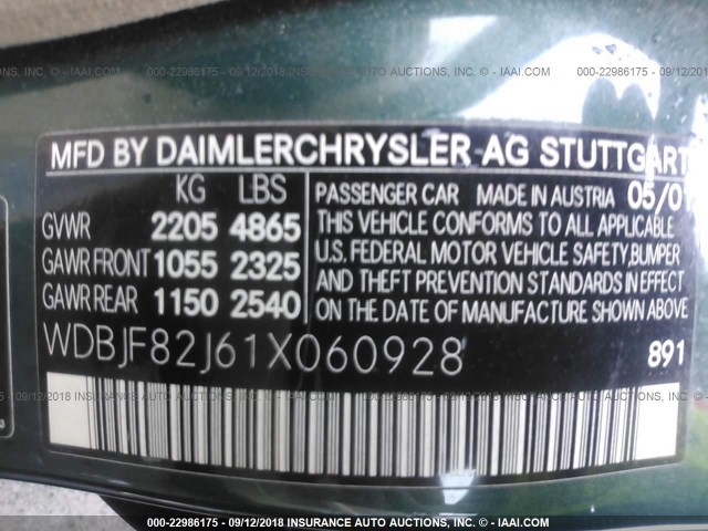 WDBJF82J61X060928 - 2001 MERCEDES-BENZ E 320 4MATIC GREEN photo 9