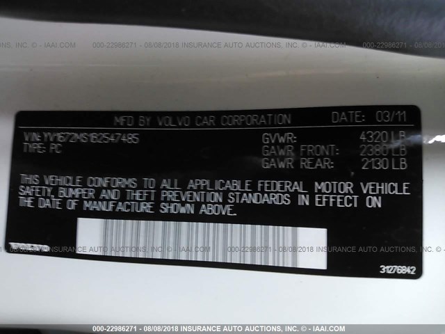 YV1672MS1B2547485 - 2011 VOLVO S40 T5 WHITE photo 9