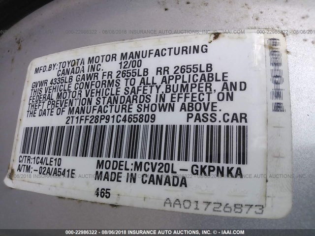 2T1FF28P91C465809 - 2001 TOYOTA CAMRY SOLARA SE/SLE SILVER photo 9