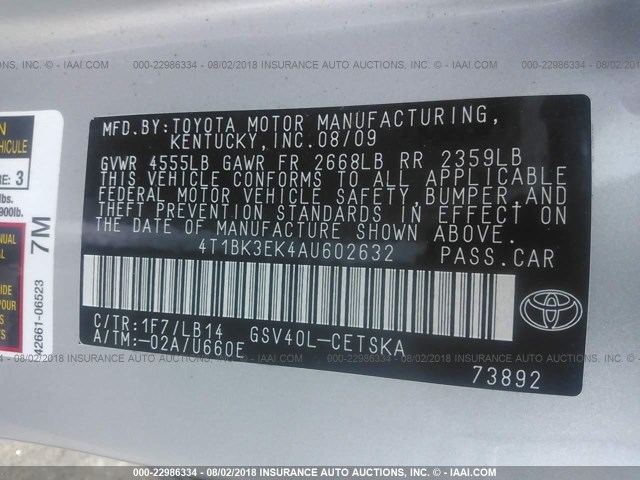 4T1BK3EK4AU602632 - 2010 TOYOTA CAMRY SE/LE/XLE SILVER photo 9