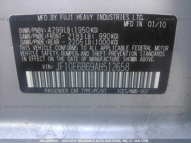 JF1GE6B69AH512658 - 2010 SUBARU IMPREZA 2.5I PREMIUM SILVER photo 9