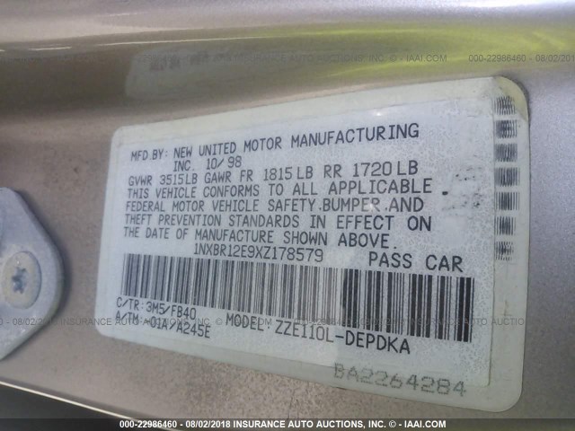 1NXBR12E9XZ178579 - 1999 TOYOTA COROLLA VE/CE/LE 米色 照片 9