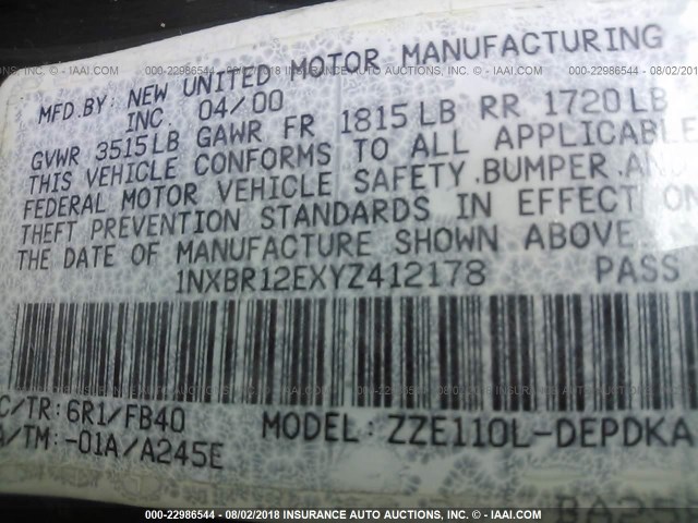 1NXBR12EXYZ412178 - 2000 TOYOTA COROLLA VE/CE/LE 绿色 照片 9