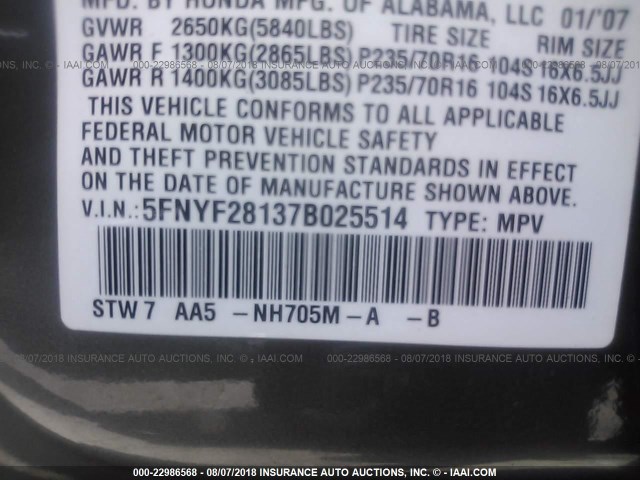 5FNYF28137B025514 - 2007 HONDA PILOT LX GRAY photo 9