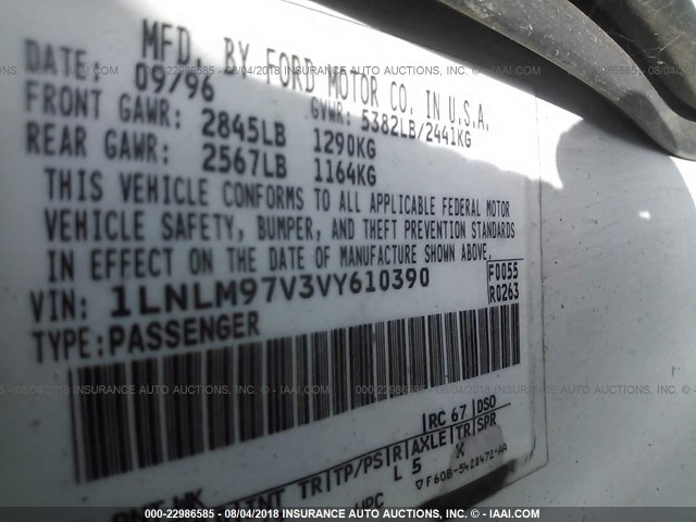 1LNLM97V3VY610390 - 1997 LINCOLN CONTINENTAL  Ақ фото 9