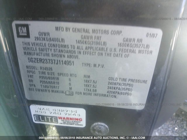 5GZER23737J114951 - 2007 SATURN OUTLOOK XR ნაცრისფერი ფოტო 9