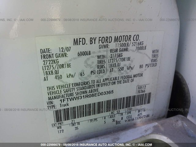 1FTWW31R08ED03365 - 2008 FORD F350 SRW SUPER DUTY WHITE photo 9