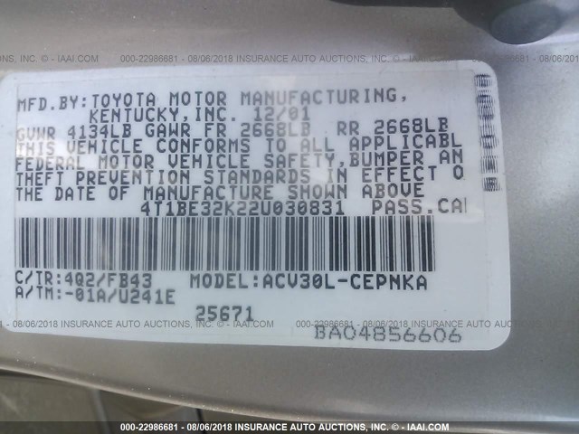 4T1BE32K22U030831 - 2002 TOYOTA CAMRY LE/XLE/SE Qızıl foto 9