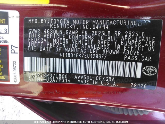 4T1BD1FK7EU128677 - 2014 TOYOTA CAMRY HYBRID/LE/XLE 红色 照片 9