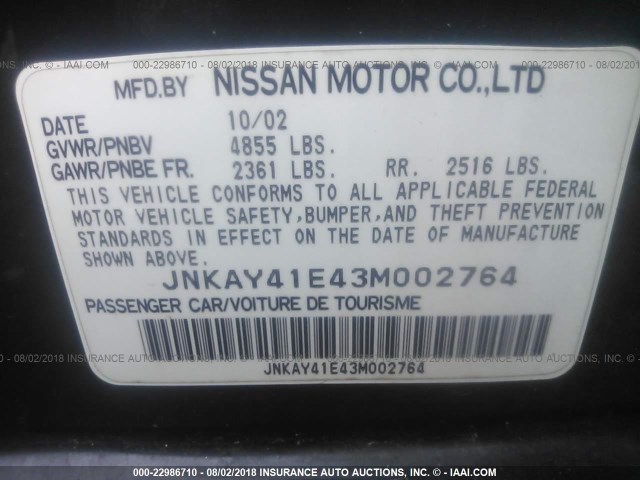 JNKAY41E43M002764 - 2003 INFINITI M45 BLACK photo 9