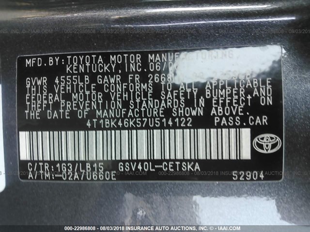 4T1BK46K57U514122 - 2007 TOYOTA CAMRY NEW GENERAT LE/XLE/SE GRAY photo 9