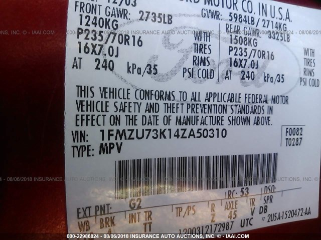 1FMZU73K14ZA50310 - 2004 FORD EXPLORER XLT/XLT SPORT/NBX 红色 照片 9