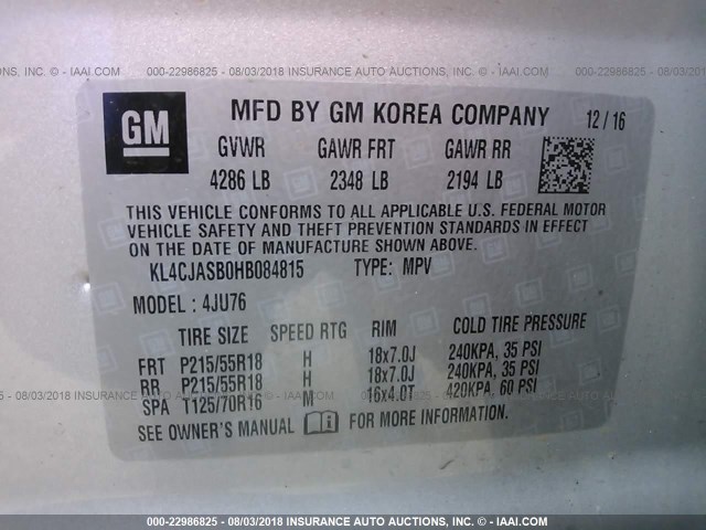 KL4CJASB0HB084815 - 2017 BUICK ENCORE PREFERRED Silber Foto 9