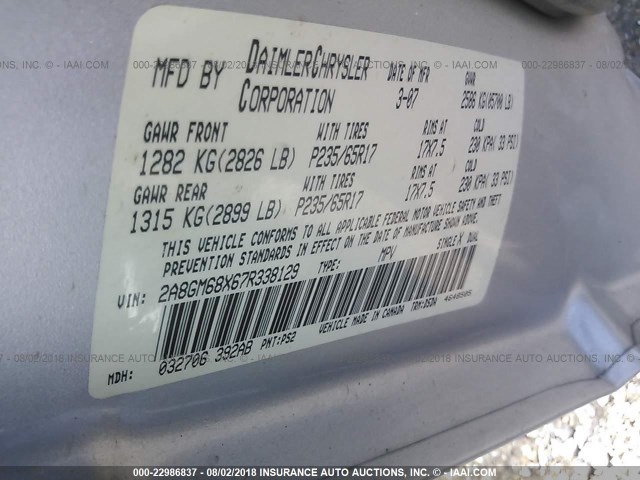 2A8GM68X67R338129 - 2007 CHRYSLER PACIFICA TOURING SILVER photo 9