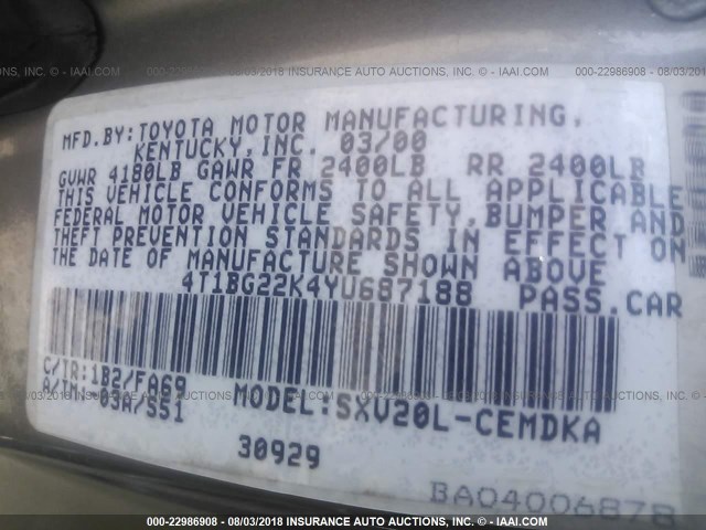 4T1BG22K4YU687188 - 2000 TOYOTA CAMRY CE/LE/XLE 灰色 照片 9