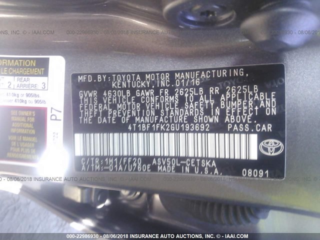 4T1BF1FK2GU193692 - 2016 TOYOTA CAMRY LE/XLE/SE/XSE 灰色 照片 9