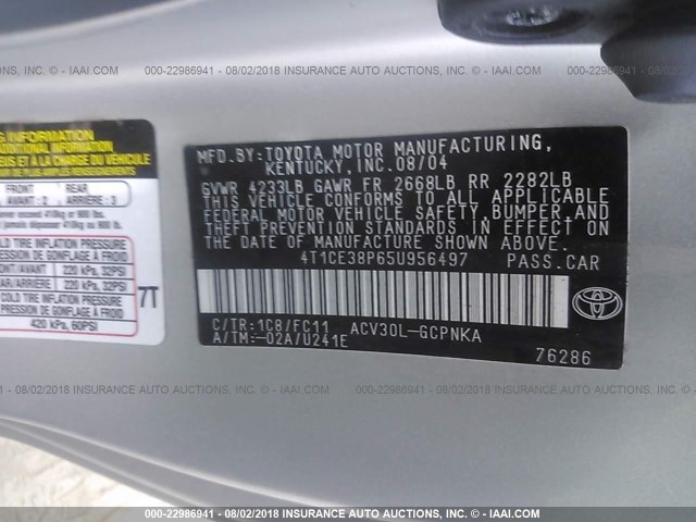 4T1CE38P65U956497 - 2005 TOYOTA CAMRY SOLARA SE/SLE Gümüş foto 9