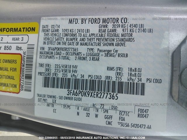 3FA6P0K9XER277365 - 2014 FORD FUSION TITANIUM SILVER photo 9