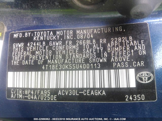 4T1BE30K55U400113 - 2005 TOYOTA CAMRY LE/XLE/SE Mavi foto 9
