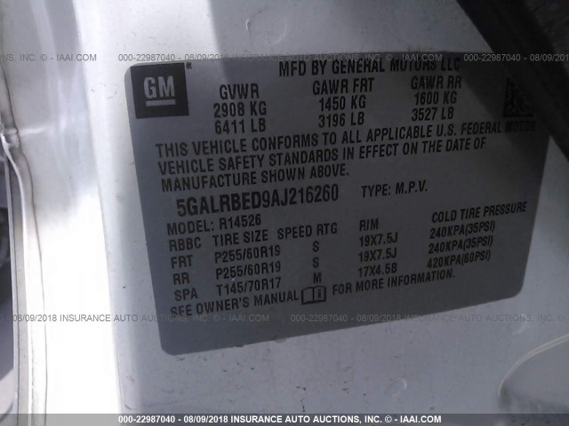 5GALRBED9AJ216260 - 2010 BUICK ENCLAVE CXL თეთრი ფოტო 9