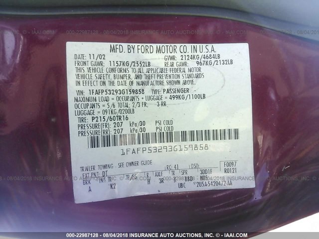 1FAFP53293G159858 - 2003 FORD TAURUS SE RED photo 9