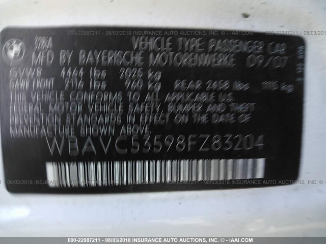 WBAVC53598FZ83204 - 2008 BMW 328 I SULEV WHITE photo 9