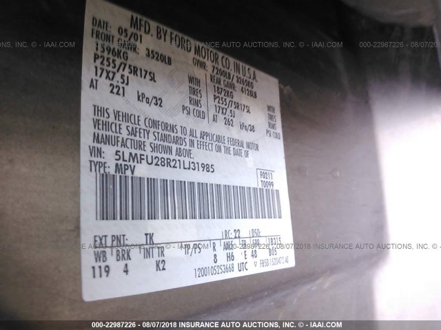 5LMFU28R21LJ31985 - 2001 LINCOLN NAVIGATOR 棕色 照片 9