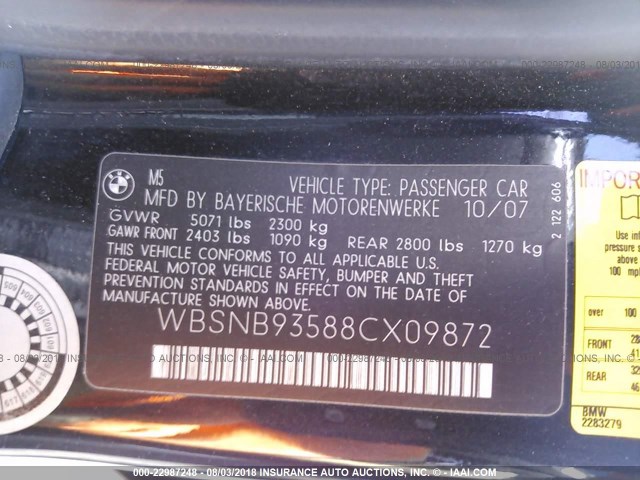WBSNB93588CX09872 - 2008 BMW M5 BLACK photo 9