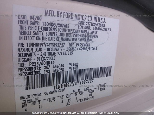 1LNHM97V4YY892727 - 2000 LINCOLN CONTINENTAL  棕色 照片 9