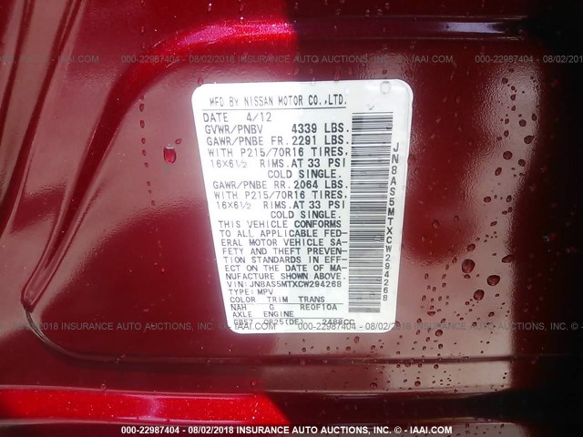 JN8AS5MTXCW294268 - 2012 NISSAN ROGUE S/SV RED photo 9