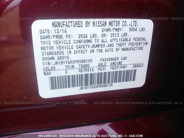 JN1BV7AR0FM398105 - 2015 INFINITI Q50 PREMIUM/SPORT RED photo 9