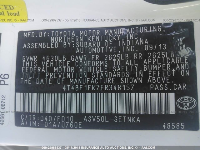 4T4BF1FK7ER348157 - 2014 TOYOTA CAMRY L/SE/LE/XLE 白色 照片 9