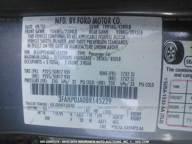 3FAHP0JA0BR145229 - 2011 FORD FUSION SEL GRAY photo 9