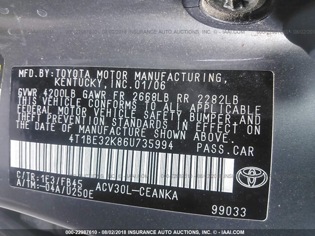 4T1BE32K86U735994 - 2006 TOYOTA CAMRY LE/XLE/SE Boz foto 9