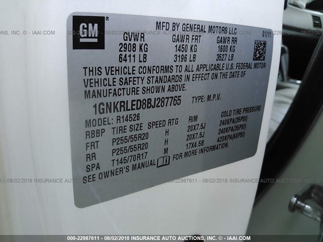 1GNKRLED8BJ287765 - 2011 CHEVROLET TRAVERSE LTZ WHITE photo 9